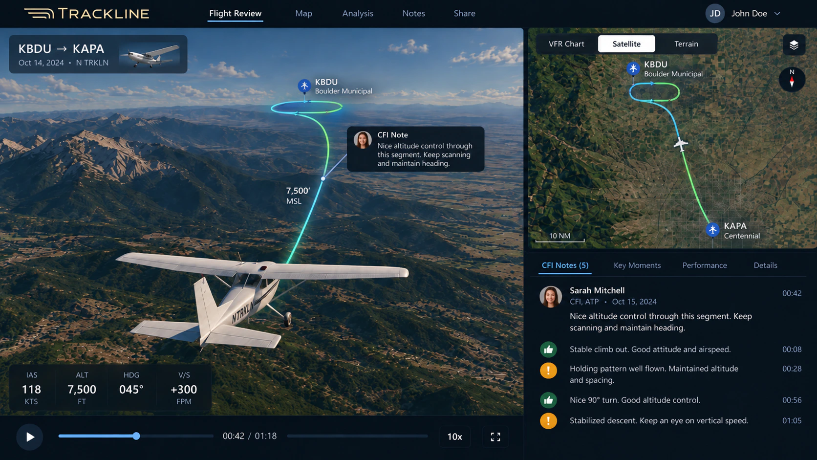 Concept rendering of the CFI review experience, showing a 3D flight replay, route map, and instructor notes