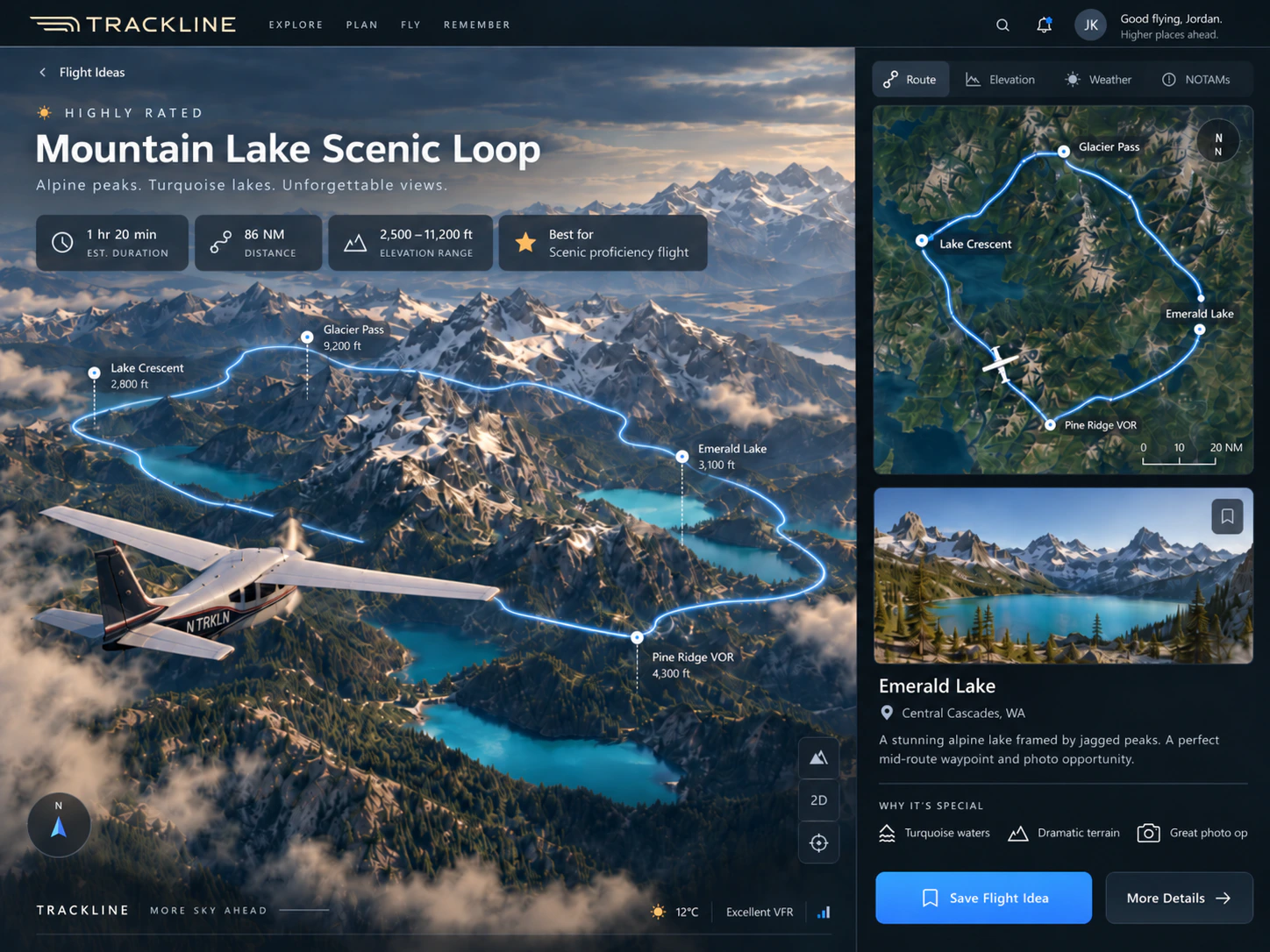 Concept rendering of Trackline flight ideas, showing a mountain lake scenic loop with route and destination details
